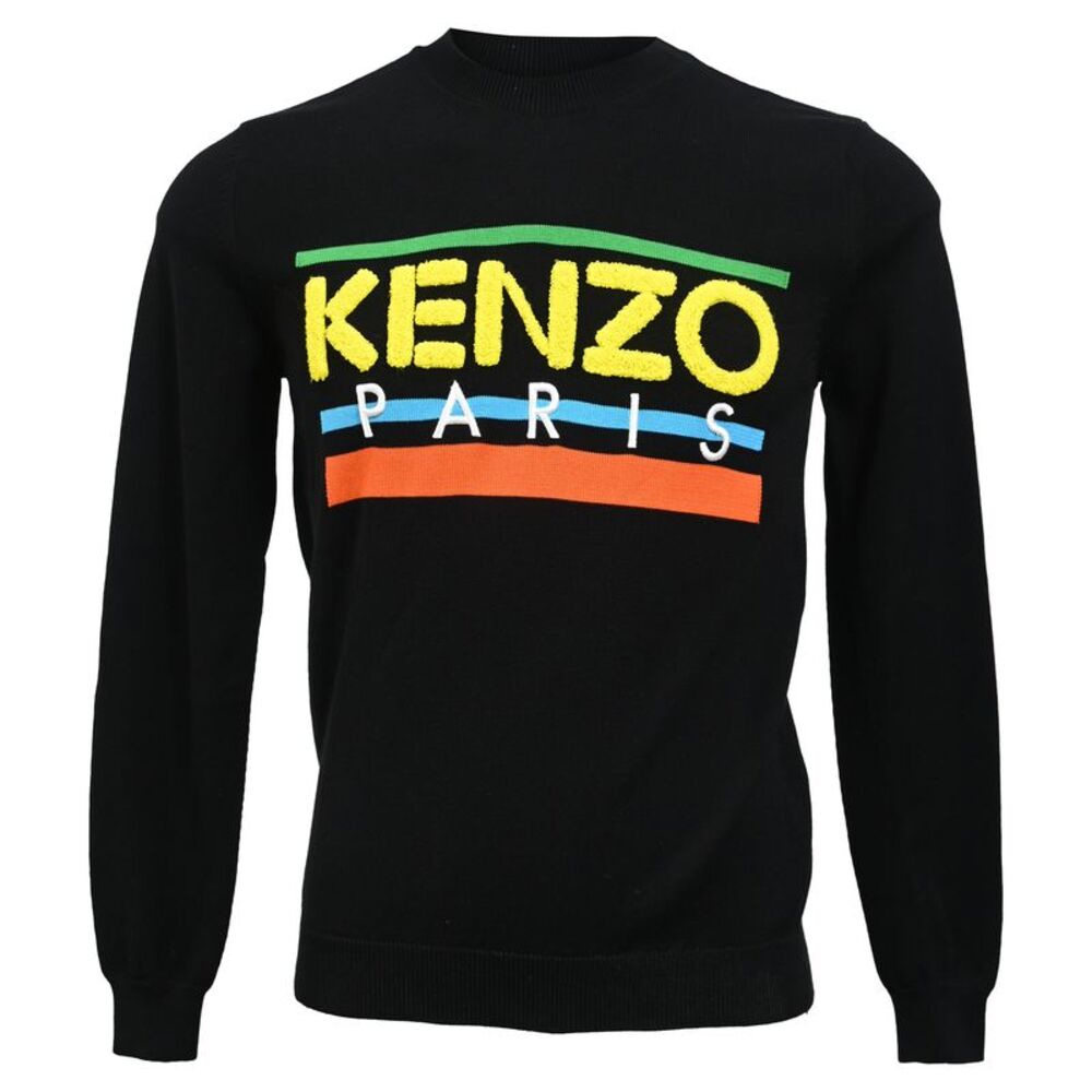 Kenzo Logo Knit Crew Neck Long Sleeve Sweater in Black Cotton